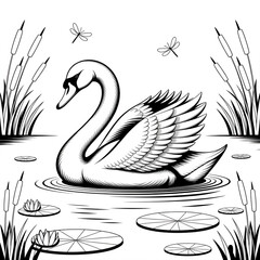 A swan illustration line art of a coloring page 