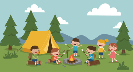 Adorable flat style illustration of two kids enjoying a camping trip in the forest. They are sitting by a campfire, roasting marshmallows, with a striped tent and pine trees in the background. 