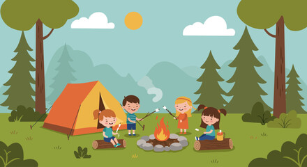 Naklejka premium Adorable flat style illustration of two kids enjoying a camping trip in the forest. They are sitting by a campfire, roasting marshmallows, with a striped tent and pine trees in the background. 