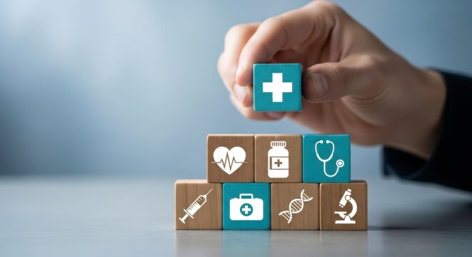 Human hand placing a medical cross block on a stack of healthcare icons