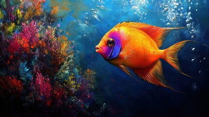 Vibrant tropical angelfish swim in deep blue water. Marine flora creates colorful undersea scene. Strikingly colored fish in marine setting creates feeling of wonder and beauty of underwater world.