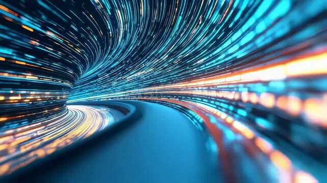 Blue and orange motion speed tunnel highway. Seamless looping video background. 