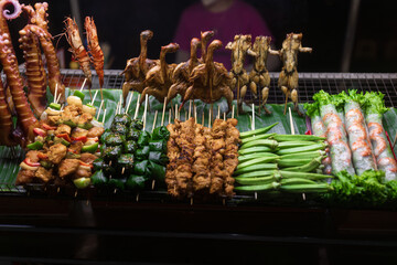 Grilled Exotic Street Food Skewers On Display At Vietnamese Night Market