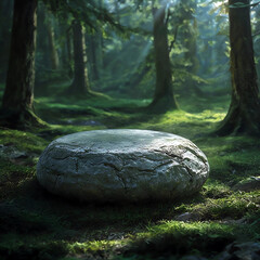 Ancient Stone in Mystical Forest Morning Light Digital Illustration
