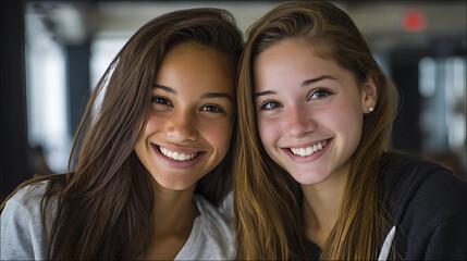Two young ethnically diverse women smiling warmly in close-up portrait with soft blurred background, natural side lighting and genuine human connection, friendship concept.