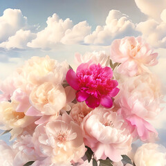 Soft Pink Peonies Blooming Under Dreamy Sky Digital Illustration