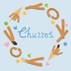 Churros with various shapes and toppings arranged in a circle. Surrounded by hearts and stars. On a light blue background. Suitable for menu designs, kids content and packaging.