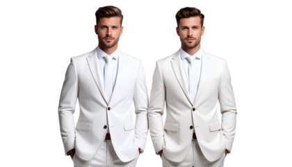 Two identical men in matching cream-colored suits, standing side-by-side against a white background.