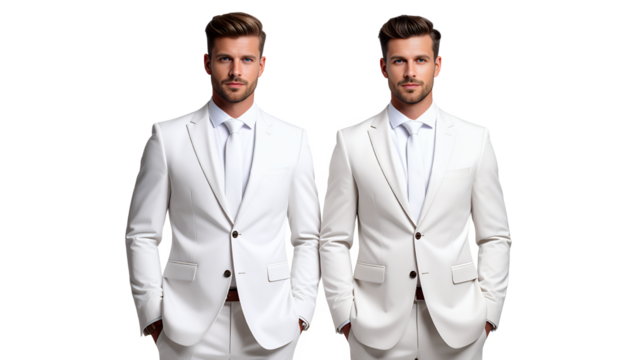 Two identical men in matching cream-colored suits, standing side-by-side against a white background.