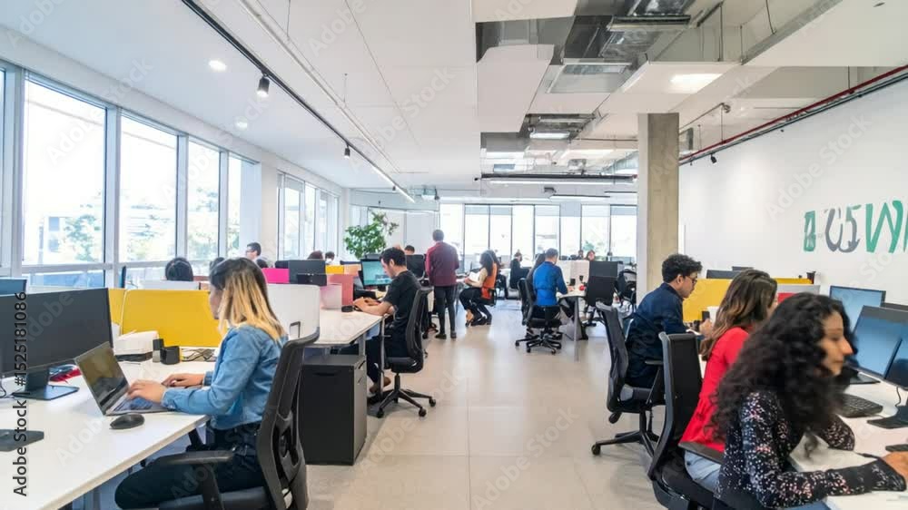 Poster modern workspace dynamics: an expansive office setting bustling with focused activity, showcasing th