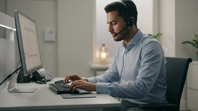 A businessman in a headset working on his computer, providing customer support. - Powered by Adobe