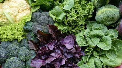 Fresh assortment of vibrant green vegetables including broccoli, lettuce, spinach, and cauliflower arranged beautifully, showcasing healthy eating and organic produce. Generative 4k video. - Powered by Adobe