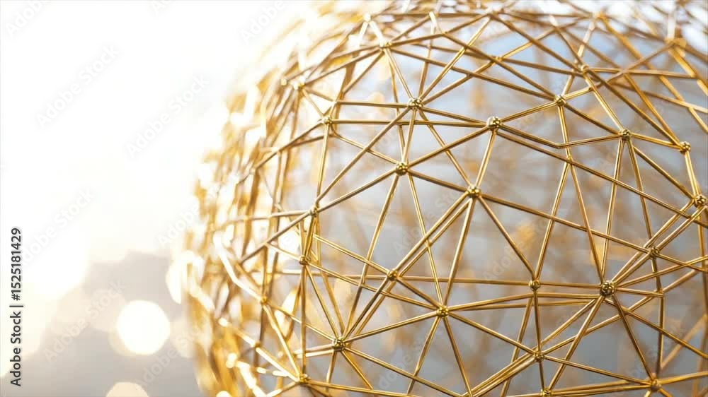 Poster golden sphere structure with intricate connections. detailed close-up view of a geometric sphere, co