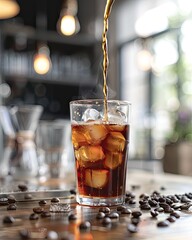 A refreshing iced coffee being poured escaping the summer heat in a cozy cafe with scattered coffee