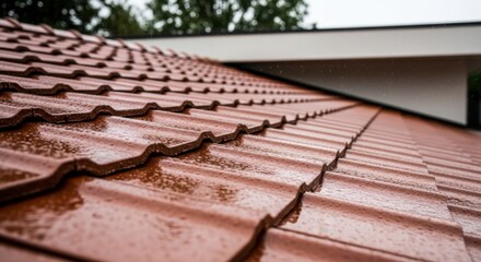 Naklejka premium Modern house roof covered in wet terracotta tiles after a rain shower