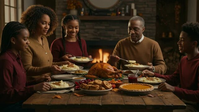 Family enjoys a festive Thanksgiving dinner together at home. - Powered by Adobe