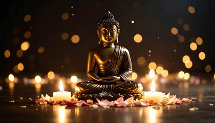 Serene Buddha statue with candles, and petals.