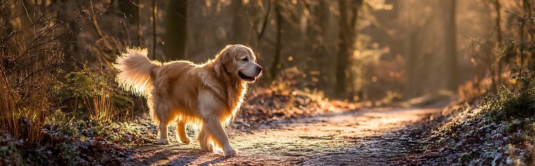Golden retriever walking on a sunlit forest path during warm sunset, side view with shallow depth of field and beautifully blurred natural background.