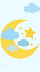 Crescent Moon with Stars, Clouds, and Night Sky.