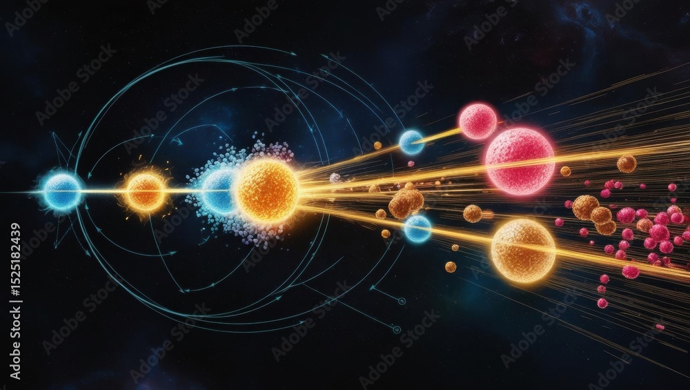 Poster quantum, abstract depiction of celestial bodies moving through space with vibrant colors and dynamic