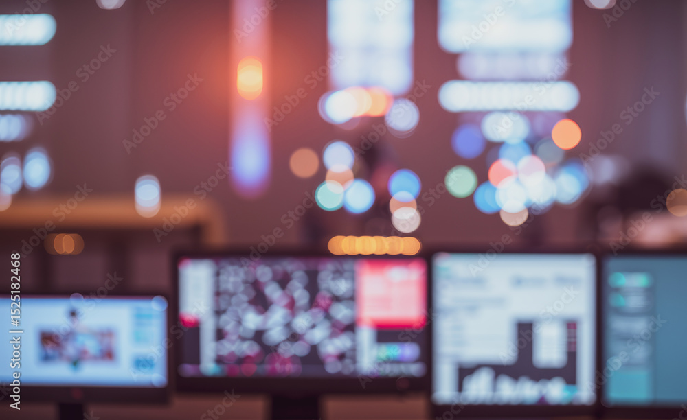 Poster blurred monitors displaying data in a room with soft lighting and bokeh.futuristic photos with premi