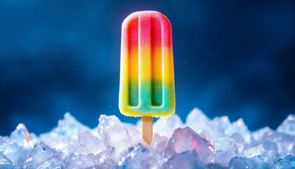 Rainbow Popsicle on Crushed Ice Against a Blue Sky