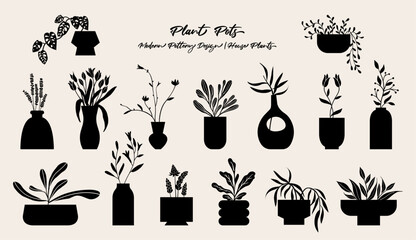 Plant pots vector illustration, folk art style, silhouette, black and white graphics, isolated elements. 