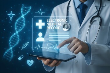 Doctor Touching Electronic Medical Record on Tablet with DNA Structure, Digital Healthcare Network, Hologram Interface, and Futuristic Medical Technology Concept,doctor, medical record, tablet, DNA