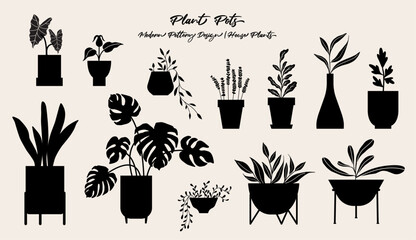 Plant pots vector illustration, folk art style, silhouette, black and white graphics, isolated elements. 