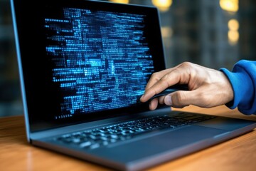 A person interacting with a laptop displaying coding data in a modern workspace during the evening