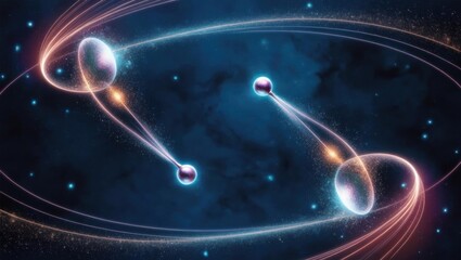 Quantum, Cosmic illustration depicting celestial bodies and dynamic motion in a starry background.