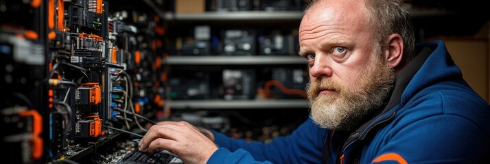 A technician working on computer hardware in a dimly lit server room