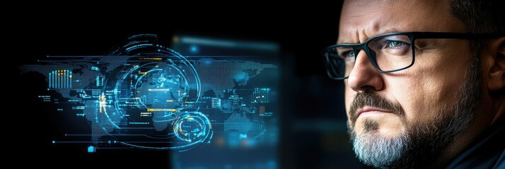 Focused analyst monitors data visualizations on a digital interface in a dark office environment