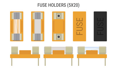 Fuse holder set. Collection of fuse holders for glass and ceramic 5x20mm fuses. Vector illustration, EPS10