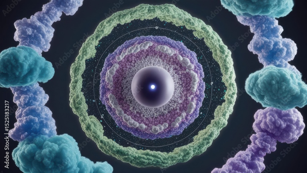 Poster quantum, abstract illustration of an atom with electron clouds and a nucleus in a vibrant color sche