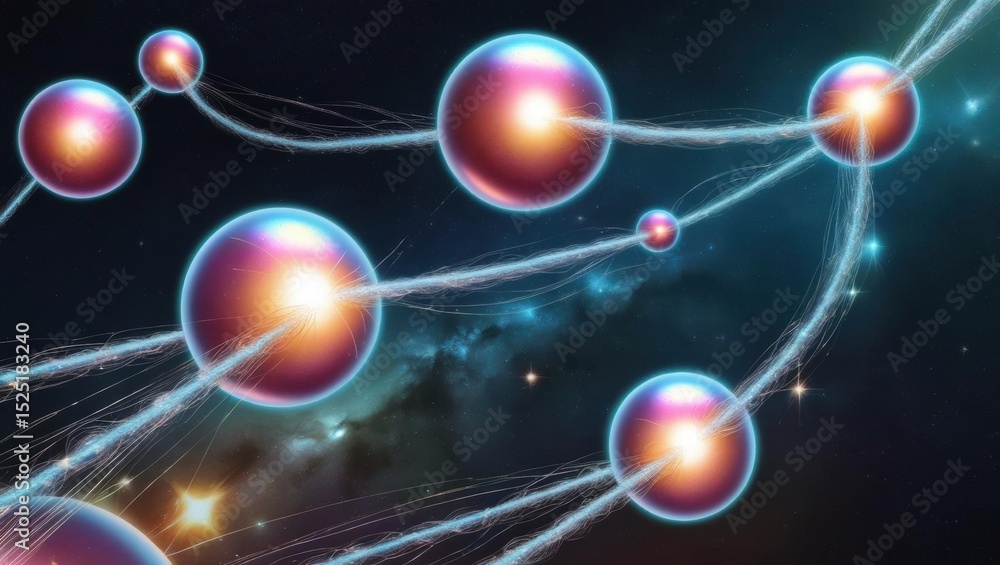 Poster quantum, colorful abstract representation of particles interconnected in a cosmic background.