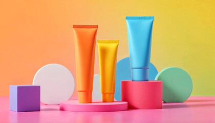 Close Up of Vibrant Cosmetic Tubes with Geometric Shapes Minimalist Composition, Vivid Gradient Background, Studio Lighting, High End Product Photography