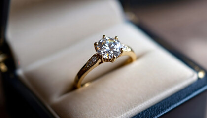 Close Up of Diamond Engagement Ring in Delicate Gold Band Softly Glowing in Dark Jewelry Box, Elegant and Romantic Fine Jewelry Display with Intimate Lighting
