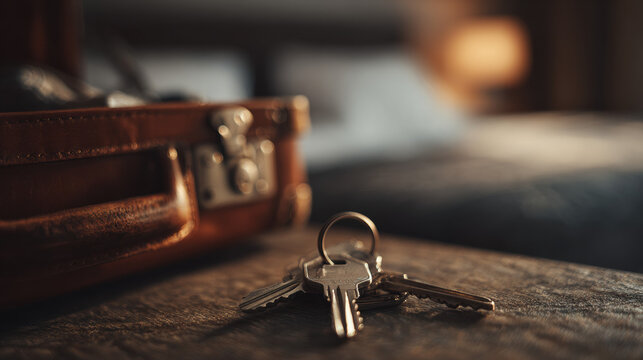 Hotel Room Keys with Vintage Suitcase on Bedside Table