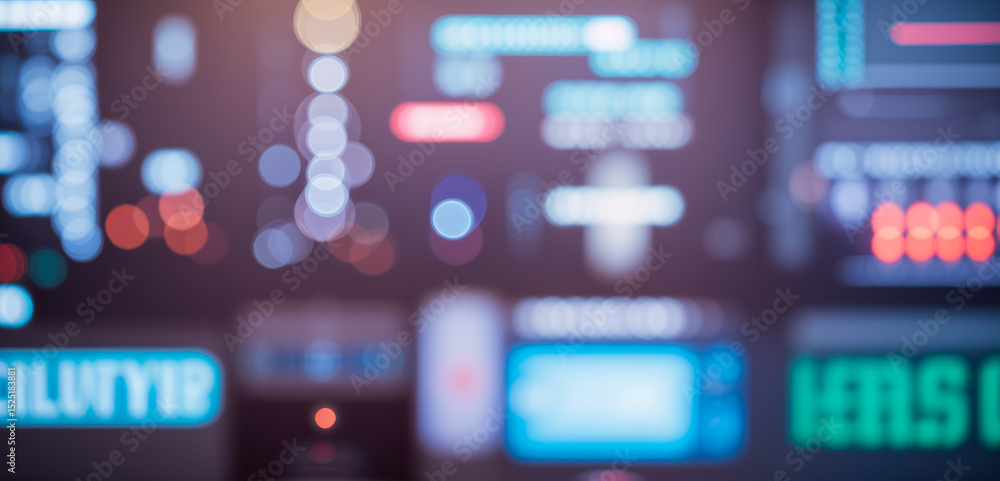 Poster blurred display screen with various data points and illuminated text elements.futuristic photos with