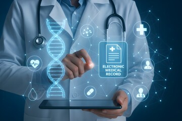 Doctor Touching Electronic Medical Record on Tablet with DNA Structure, Digital Healthcare Network, Hologram Interface, and Futuristic Medical Technology Concept,doctor, medical record, tablet, DNA