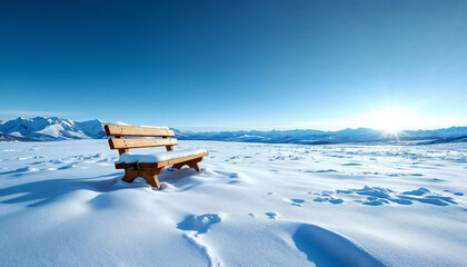 Solitude in Snow, Wooden Bench Overlooks Vast Winter Expanse Beneath Blue Sky and Distant Mountains Minimalist, Serene, Dramatic, Contemplative Scene