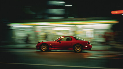 Naklejka premium Red Sports Car Speeding at Night in the City