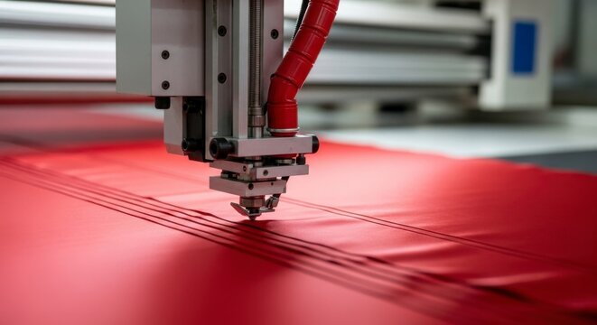 Precision cutting machine working on red material in an automated industrial manufacturing process