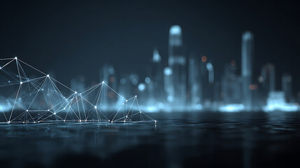 Abstract futuristic cityscape with glowing blue connection nodes and atmospheric lighting, digital technology concept with shallow depth of field f/2.8, modern urban design.
