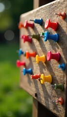 A colorful array of push pins adorning a rustic wooden outdoor sign, bathed in warm sunlight  Perfect for DIY, crafting, travel, or organization imagery ,  wooden,  marker,  map