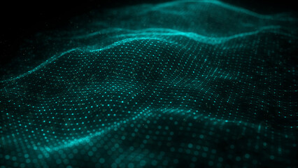 Abstract futuristic wave with moving dots. Flow of colored particles and lines. Cyber technology illustration. Big data visualization. 3d rendering