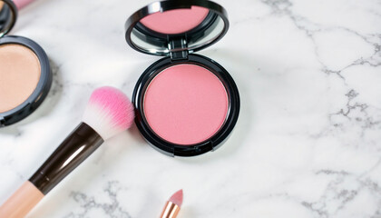 High Quality Aesthetic Flatlay of Pink Blush and Makeup Brush on Marble Background Minimalist Beauty and Cosmetics Close-Up with Elegant Composition