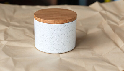 Speckled White Container with Wooden Lid on Layered Paper