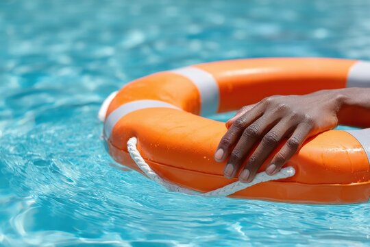 Hand holding onto orange life preserver in pool, close-up shot of person's hand. - Powered by Adobe